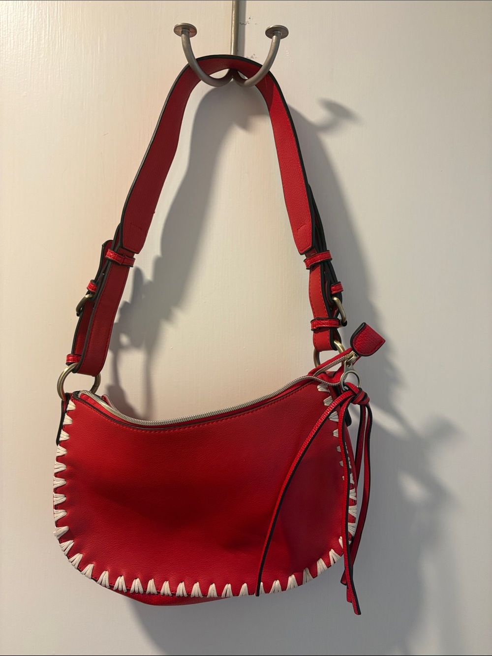 Sondra Roberts Red Shoulder Bag with White Whipstitch Trim